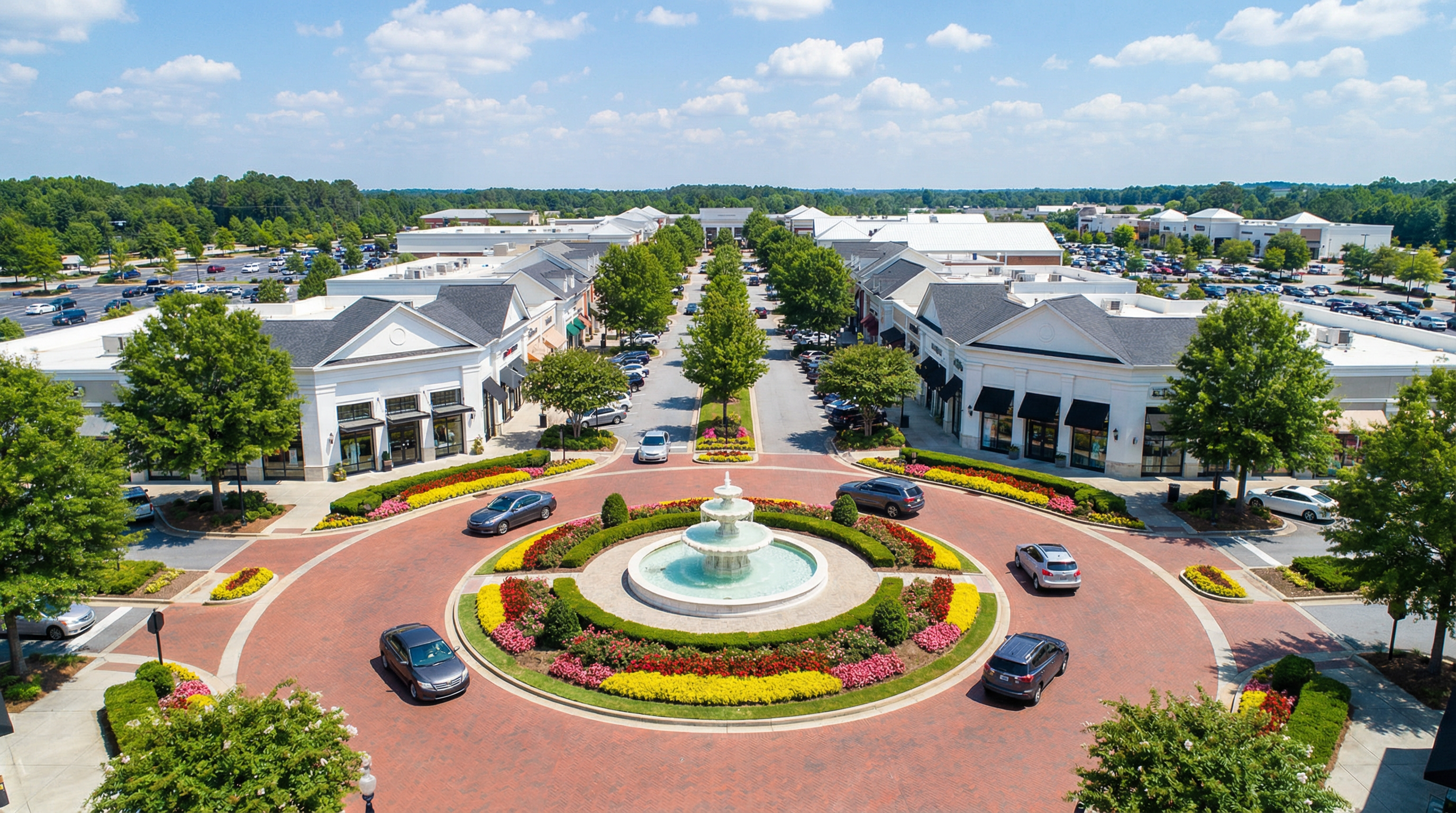 Ashley Park shopping center with fountain centerpiece and upscale retail stores